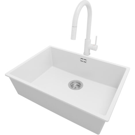 PRIMAGRAN Evier Sous Plan 66x47cm, Evier en Granit 1 bac + Robinet 40x20cm + Kit de Vidage, Évier au meuble 70cm - London, Blanc (1/5)