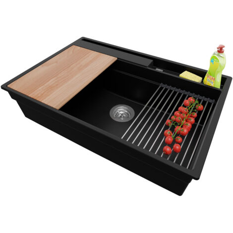 PRIMAGRAN Evier Cuisine en Granit 78x53cm, Lavabo 1 bac + Kit de Vidage + Accessoires, Évier à Encastrer au meuble 80cm - Oslo Pocket, Noir