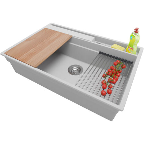 PRIMAGRAN Evier Cuisine en Granit 78x53cm, Lavabo 1 bac + Kit de Vidage + Accessoires, Évier à Encastrer au meuble 80cm - Oslo Pocket, Gris