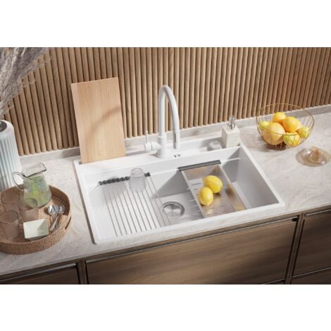 Évier Cusine en Granit 78x53 cm Lavabo Cuisine 1 Bac + Kit de Vidage, Évier au meuble 80cm Évier à Encastrer de Primagran, Blanc