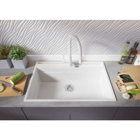 Évier Cusine en Granit 78x53 cm Lavabo Cuisine 1 Bac + Kit de Vidage, Évier au meuble 80cm Évier à Encastrer de Primagran, Blanc