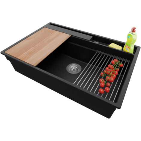 PRIMAGRAN Evier Cuisine en Granit 78x53cm, Lavabo 1 bac + Kit de Vidage + Accessoires, Évier à Encastrer au meuble 80cm - Oslo Pocket, Noir Métallisé