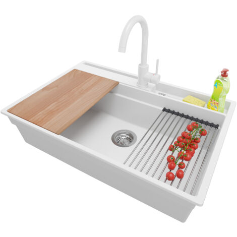 PRIMAGRAN Evier Cuisine en Granit 78x53cm, Lavabo 1 bac + Robinet 32x20cm + Kit de Vidage + Accessoires, Évier à Encastrer au meuble 80cm - Oslo Pocket, Blanc