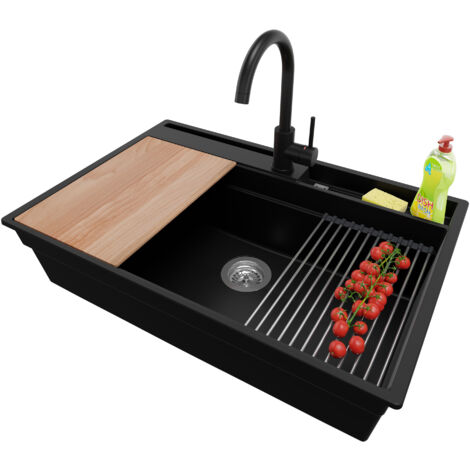 PRIMAGRAN Evier Cuisine en Granit 78x53cm, Lavabo 1 bac + Robinet 32x20cm + Kit de Vidage + Accessoires, Évier à Encastrer au meuble 80cm - Oslo Pocket, Noir