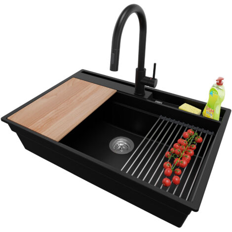 PRIMAGRAN Evier Cuisine en Granit 78x53cm, Lavabo 1 bac + Robinet 40x20cm + Kit de Vidage + Accessoires, Évier à Encastrer au meuble 80cm - Oslo Pocket, Noir