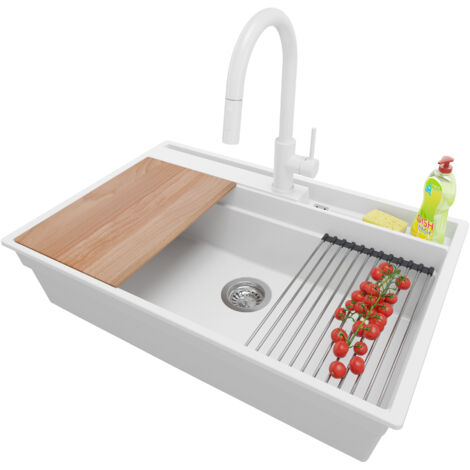 PRIMAGRAN Evier Cuisine en Granit 78x53cm, Lavabo 1 bac + Robinet 40x20cm + Kit de Vidage + Accessoires, Évier à Encastrer au meuble 80cm - Oslo Pocket, Blanc