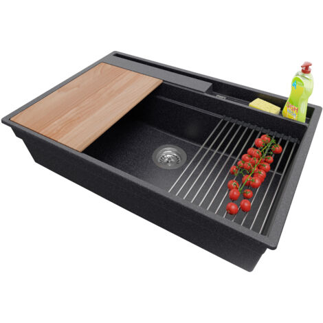PRIMAGRAN Evier Cuisine en Granit 78x53cm, Lavabo 1 bac + Kit de Vidage + Accessoires, Évier à Encastrer au meuble 80cm - Oslo Pocket, Graphite