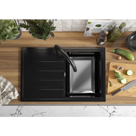 Evier Cuisine en Granit Noir, 78 x 50 cm, Lavabo 1 bac + Kit de
