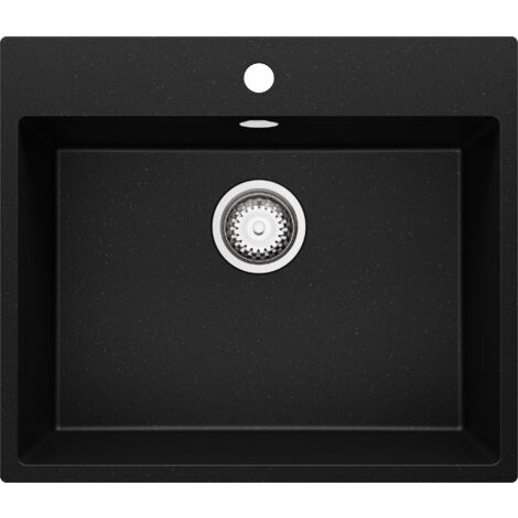 PRIMAGRAN Evier Cuisine en Granit 58x50cm, Lavabo 1 bac + Kit de Vidage, Évier à Encastrer au meuble 60cm - Riga, Noir Métallisé