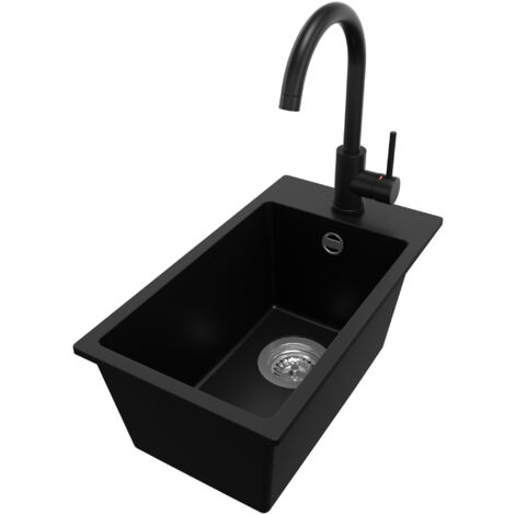 PRIMAGRAN Evier Cuisine en Granit 28x50cm, Lavabo 1 bac + Robinet 32x20cm + Kit de Vidage, Évier à Encastrer au meuble 30cm - Riga, Noir (1/5)