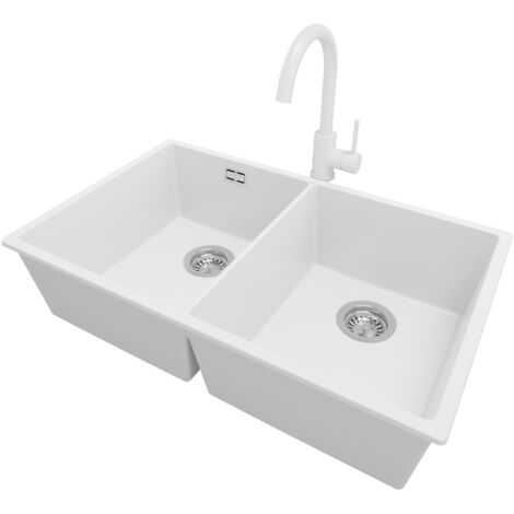 PRIMAGRAN Evier Cuisine en Granit 76x47cm, Lavabo 2 bacs + Robinet 32x20cm + Kit de Vidage, Évier à Encastrer au meuble 80cm - London Slim Twin, Blanc (1/5)