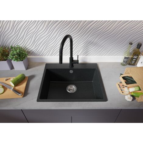 Évier Cusine en Granit 58x50 cm Lavabo Cuisine 1 Bac + Kit de Vidage, Évier au meuble 60cm Évier à Encastrer de Primagran, Graphite