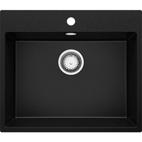 PRIMAGRAN Evier Cuisine en Granit 58x50cm, Lavabo 1 bac + Kit de Vidage, Évier à Encastrer au meuble 60cm - Riga, Noir