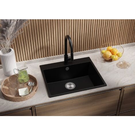 PRIMAGRAN Evier Cuisine en Granit 58x50cm, Lavabo 1 bac + Kit de Vidage, Évier à Encastrer au meuble 60cm - Riga, Noir
