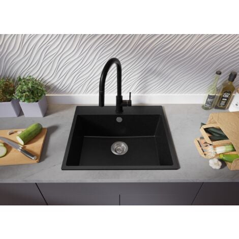 PRIMAGRAN Evier Cuisine en Granit 58x50cm, Lavabo 1 bac + Kit de Vidage, Évier à Encastrer au meuble 60cm - Riga, Noir