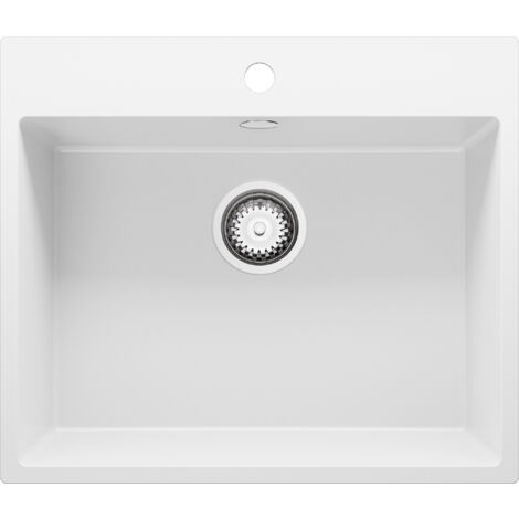 PRIMAGRAN Evier Cuisine en Granit 58x50cm, Lavabo 1 bac + Kit de Vidage, Évier à Encastrer au meuble 60cm - Riga, Blanc
