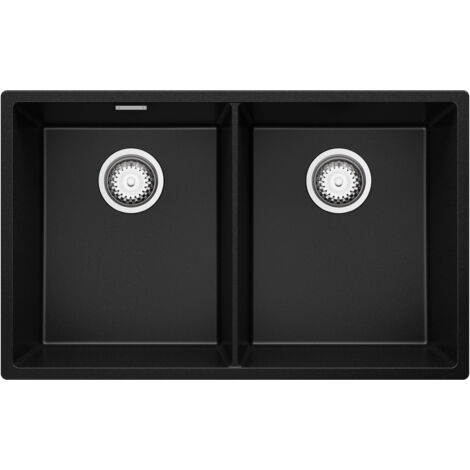 PRIMAGRAN Evier Sous Plan 76x47cm, Evier en Granit 2 bacs + Kit de Vidage, Évier au meuble 80cm - London Twin, Noir (1/5)