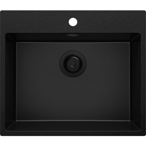 PRIMAGRAN Evier Cuisine en Granit 58x50cm, Lavabo 1 bac + Kit de Vidage, Évier à Encastrer au meuble 60cm - Riga, Tout Noir