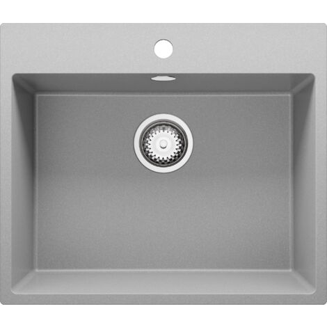 PRIMAGRAN Evier Cuisine en Granit 58x50cm, Lavabo 1 bac + Kit de Vidage, Évier à Encastrer au meuble 60cm - Riga, Gris