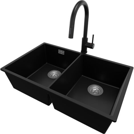PRIMAGRAN Evier Cuisine en Granit 76x47cm, Lavabo 2 bacs + Robinet 40x20cm + Kit de Vidage, Évier à Encastrer au meuble 80cm - London Slim Twin, Noir (1/5)