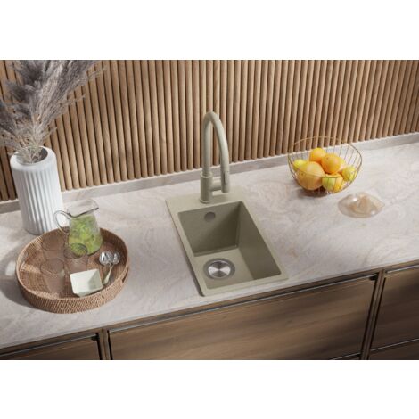 Évier Cusine en Granit 28x50 cm Lavabo Cuisine 1 Bac + Kit de Vidage, Évier au meuble 30cm Évier à Encastrer de Primagran, Beige