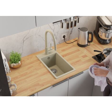 Évier Cusine en Granit 28x50 cm Lavabo Cuisine 1 Bac + Kit de Vidage, Évier au meuble 30cm Évier à Encastrer de Primagran, Beige
