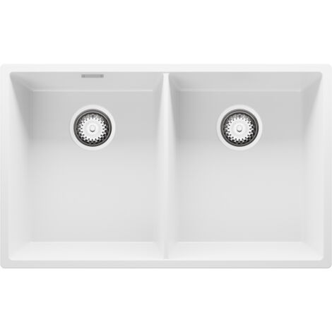 PRIMAGRAN Evier Sous Plan 76x47cm, Evier en Granit 2 bacs + Kit de Vidage, Évier au meuble 80cm - London Twin, Blanc (1/5)