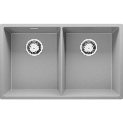PRIMAGRAN Evier Cuisine en Granit 76x47cm, Lavabo 2 bacs + Kit de Vidage, Évier à Encastrer au meuble 80cm - London Slim Twin, Gris (1/5)