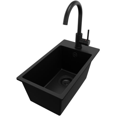 PRIMAGRAN Evier Cuisine en Granit 28x50cm, Lavabo 1 bac + Robinet 32x20cm + Kit de Vidage, Évier à Encastrer au meuble 30cm - Riga, Tout Noir (1/5)