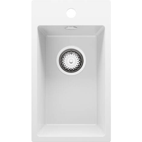 PRIMAGRAN Evier Cuisine en Granit 28x50cm, Lavabo 1 bac + Kit de Vidage, Évier à Encastrer au meuble 30cm - Riga, Blanc (1/5)