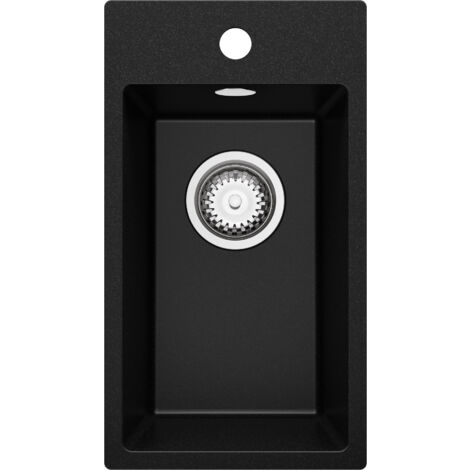 PRIMAGRAN Evier Cuisine en Granit 28x50cm, Lavabo 1 bac + Kit de Vidage, Évier à Encastrer au meuble 30cm - Riga, Noir (1/5)