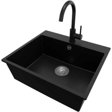 PRIMAGRAN Evier Cuisine en Granit 58x50cm, Lavabo 1 bac + Robinet 32x20cm + Kit de Vidage, Évier à Encastrer au meuble 60cm - Riga, Noir (1/5)