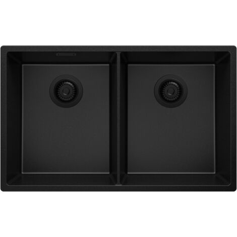 PRIMAGRAN Evier Sous Plan 76x47cm, Evier en Granit 2 bacs + Kit de Vidage, Évier au meuble 80cm - London Twin, Tout Noir (1/5)