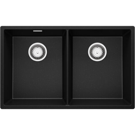 PRIMAGRAN Evier Cuisine en Granit 76x47cm, Lavabo 2 bacs + Kit de Vidage, Évier à Encastrer au meuble 80cm - London Slim Twin, Noir Métallisé (1/5)