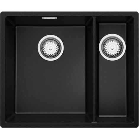 PRIMAGRAN Evier Cuisine en Granit 56x47cm, Lavabo 1,5 bacs + Kit de Vidage, Évier à Encastrer au meuble 60cm - London Slim Duo, Noir (1/5)