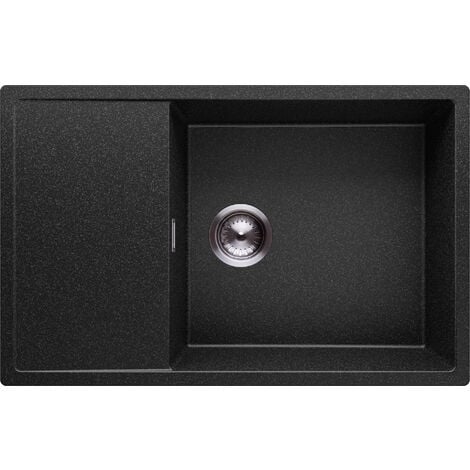 Évier Cusine en Granit Noir 58x53 cm, Lavabo Cuisine 1 Bac + Kit de Vidage  + Robinet, Évier au meuble 60cm, Évier à Encastrer de Primagran
