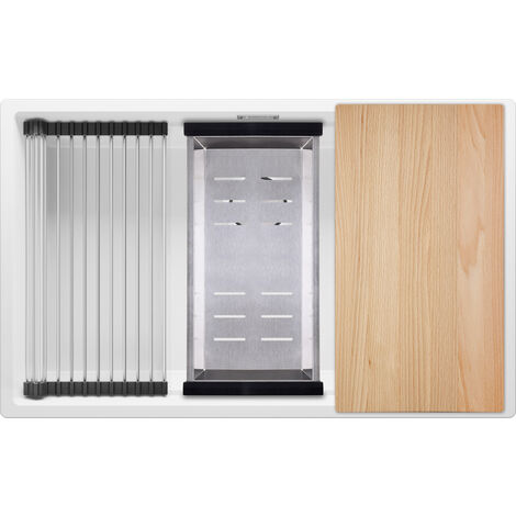 Evier Multifonction en Granit, 76 x 47 cm, Evier 1 bac + Kit de Vidange + Accessoires, Évier Sous Plan de Primagran, Blanc