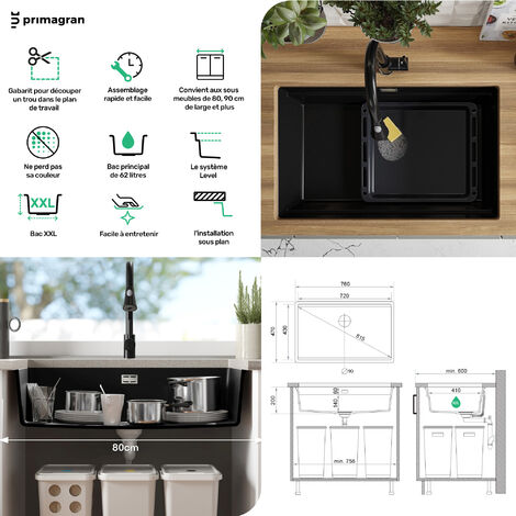 Evier Multifonction en Granit, 76 x 47 cm, Evier 1 bac + Kit de Vidange + Accessoires, Évier Sous Plan de Primagran, Blanc