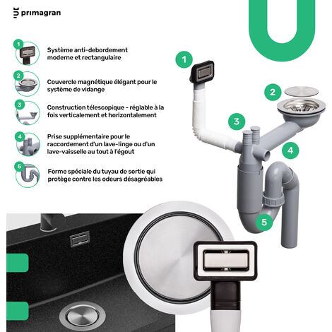 Evier Multifonction en Granit, 76 x 47 cm, Evier 1 bac + Kit de Vidange + Accessoires, Évier Sous Plan de Primagran, Blanc