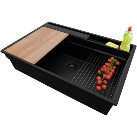 PRIMAGRAN Evier Cuisine en Granit 78x53cm, Lavabo 1 bac + Kit de Vidage + Accessoires, Évier à Encastrer au meuble 80cm - Oslo Pocket, Tout Noir (1/5)