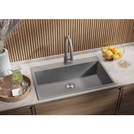 Évier Cusine en Granit 78x50 cm Lavabo Cuisine 1 Bac + Kit de Vidage, Évier au meuble 80cm Évier à Encastrer de Primagran, Gris