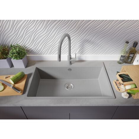 Évier Cusine en Granit 78x50 cm Lavabo Cuisine 1 Bac + Kit de Vidage, Évier au meuble 80cm Évier à Encastrer de Primagran, Gris
