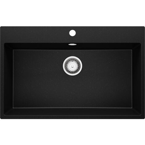 PRIMAGRAN Evier Cuisine en Granit 78x50cm, Lavabo 1 bac + Kit de Vidage, Évier à Encastrer au meuble 80cm - Riga, Noir Métallisé