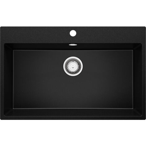 PRIMAGRAN Evier Cuisine en Granit 78x50cm, Lavabo 1 bac + Kit de Vidage, Évier à Encastrer au meuble 80cm - Riga, Noir