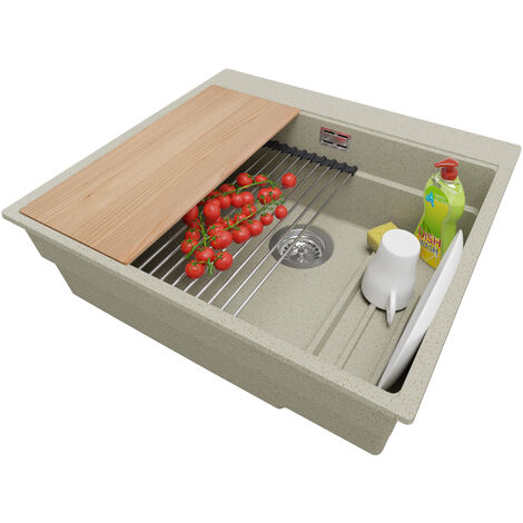 Évier Cusine en Granit 58x53 cm Lavabo Cuisine 1 Bac + Kit de Vidage, Évier au meuble 60cm Évier à Encastrer de Primagran, Beige