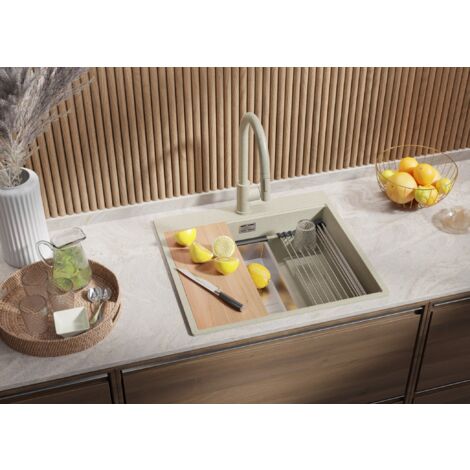 Évier Cusine en Granit 58x53 cm Lavabo Cuisine 1 Bac + Kit de Vidage, Évier au meuble 60cm Évier à Encastrer de Primagran, Beige