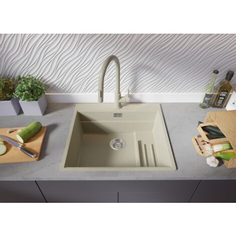 Évier Cusine en Granit 58x53 cm Lavabo Cuisine 1 Bac + Kit de Vidage, Évier au meuble 60cm Évier à Encastrer de Primagran, Beige