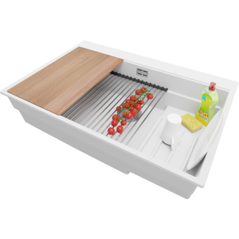 PRIMAGRAN Evier Cuisine en Granit 78x53cm, Lavabo 1 bac + Kit de Vidage + Accessoires, Évier à Encastrer au meuble 80cm - Oslo Max, Blanc