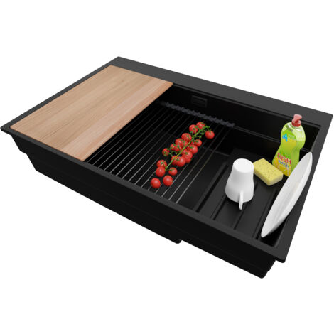 PRIMAGRAN Evier Cuisine en Granit 78x53cm, Lavabo 1 bac + Kit de Vidage + Accessoires, Évier à Encastrer au meuble 80cm - Oslo Max, Tout Noir