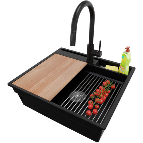 PRIMAGRAN Evier Cuisine en Granit 58x53cm, Lavabo 1 bac + Robinet 40x20cm + Kit de Vidage + Accessoires, Évier à Encastrer au meuble 60cm - Oslo Pocket, Noir (1/5)